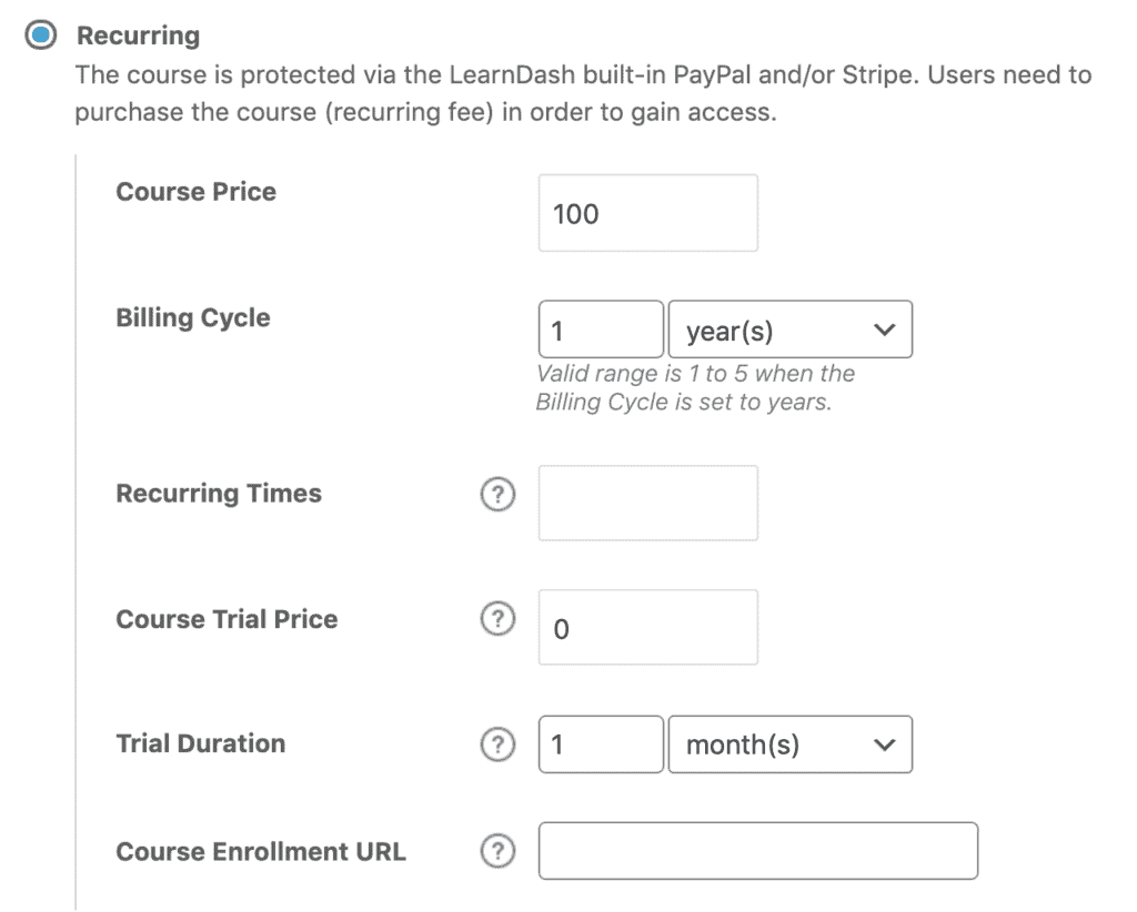 LearnDash course settings for recurring access mode