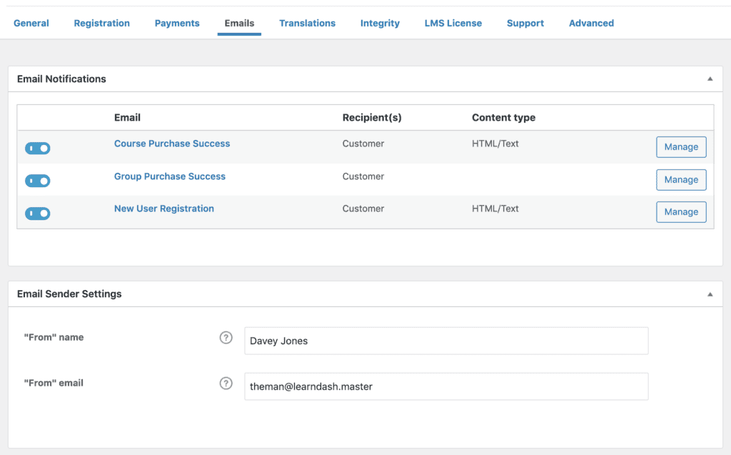 LearnDash email settings in admin