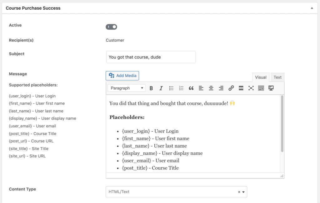 LearnDash admin settings for custom course purchase success emaili