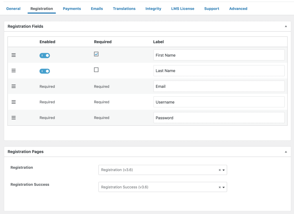 LearnDash registration settings in admin