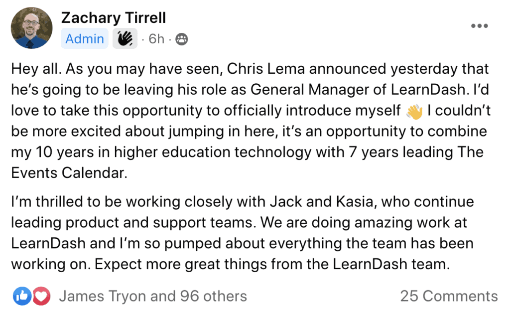 Zachary Tirrell's announcement post on Facebook