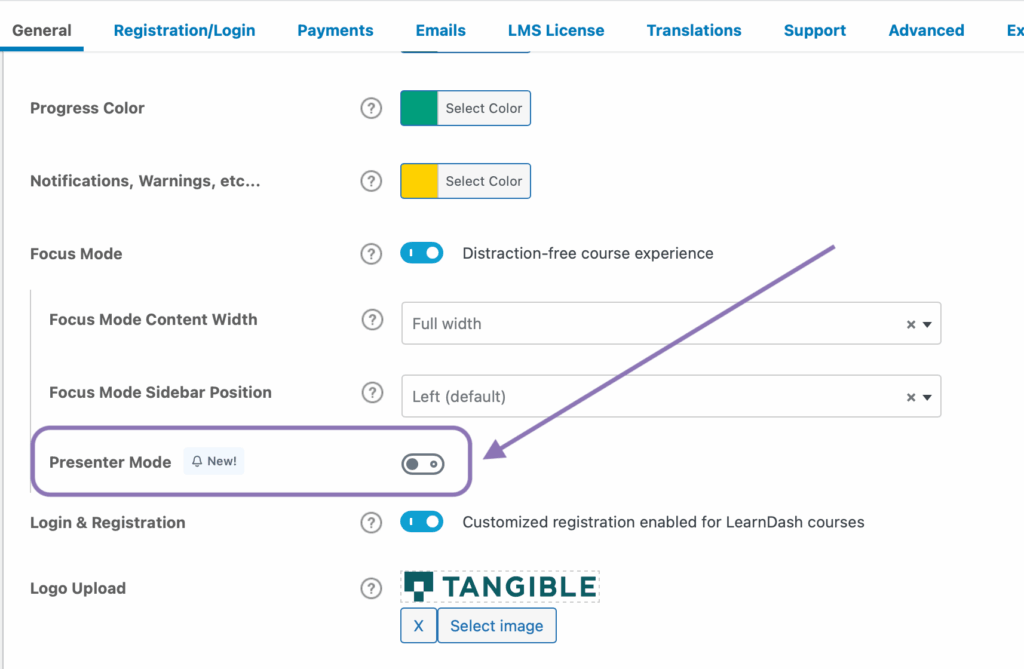 The presenter mode setting can be found grouped under focus mode in LearnDash's settings